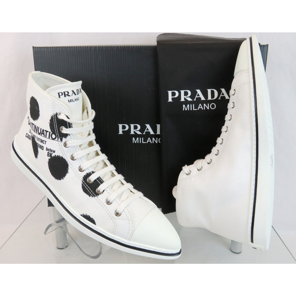 PRADA 1T618M WHITE BLACK POLKA CANVAS LOGO POINTY CAP HIGH TOP SNEAKERS 40 ITALY - Picture 5 of 15